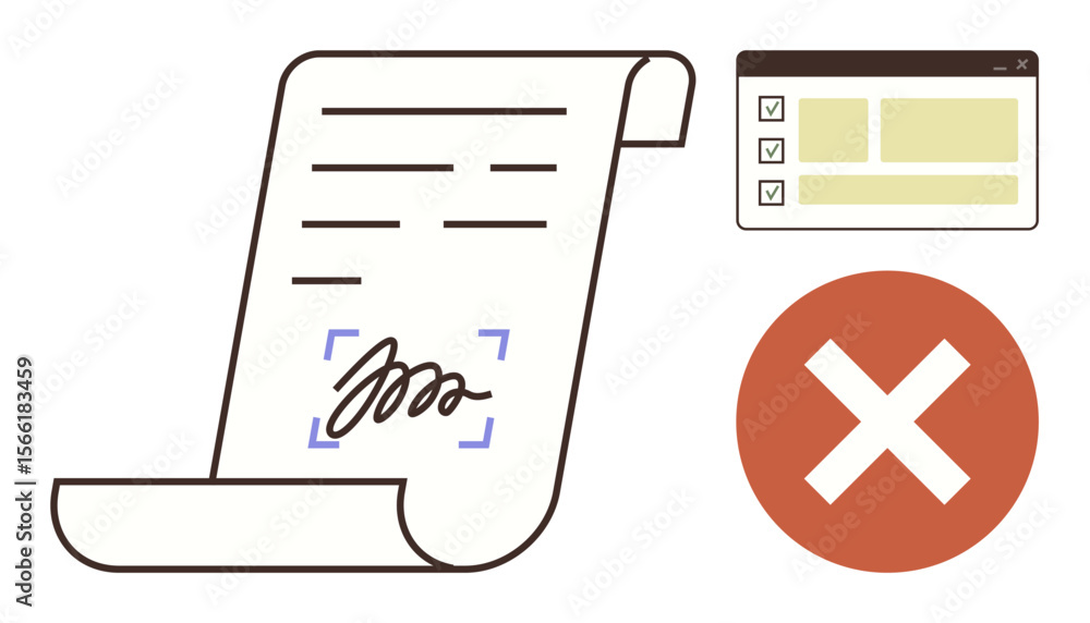 Aufkleber paper with signature, checklist with items, and red error mark indicating validation failure. ideal 