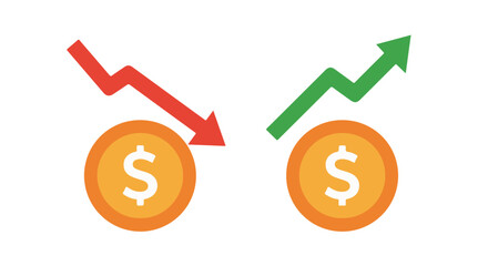 Financial Gain and Loss with Dollar Coins. Illustration of financial gain (green arrow) and loss (red arrow) associated with dollar coins, symbolizing economic trends.
