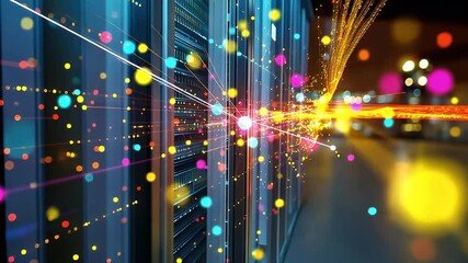 Abstract depiction of data center servers with vibrant glowing lights and dynamic energy flow representing digital information processing in a modern network infrastructure - Powered by Adobe