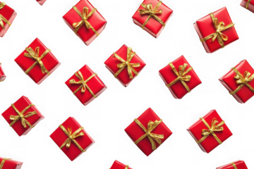 Seamless pattern of red gift boxes with golden ribbons for christmas holiday celebration, present background, birthday party decoration isolated on transparent background