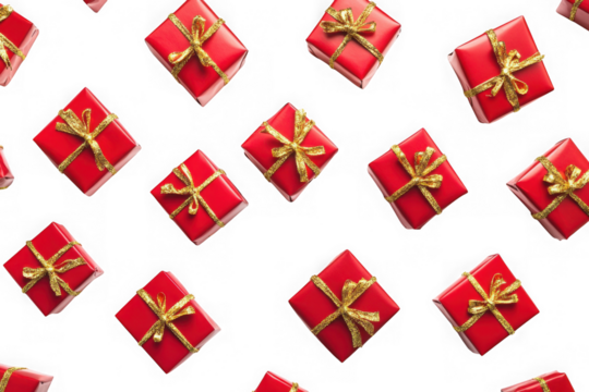 Seamless pattern of red gift boxes with golden ribbons for christmas holiday celebration, present background, birthday party decoration isolated on transparent background