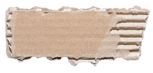 Isolated cut out torn piece of brown corrugated cardboard paper with texture and copy space for text, transparent png background design element