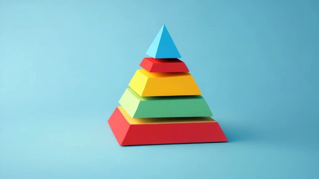 Colorful pyramid shape with layered geometric blocks stacked blue background symbolizing hierarchy and structure minimalistic style combined with vibrant colorful paper pyramid with five layers