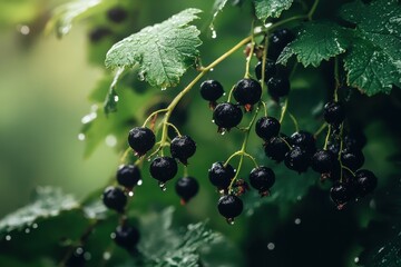 Ripe black currants hanging from lush green foliage with droplets of water, Ripe black currants hang from natural green foliage after rainfall