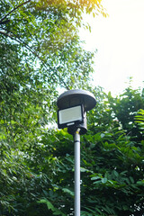 Street lamp in the park with green nature background, selective focus.