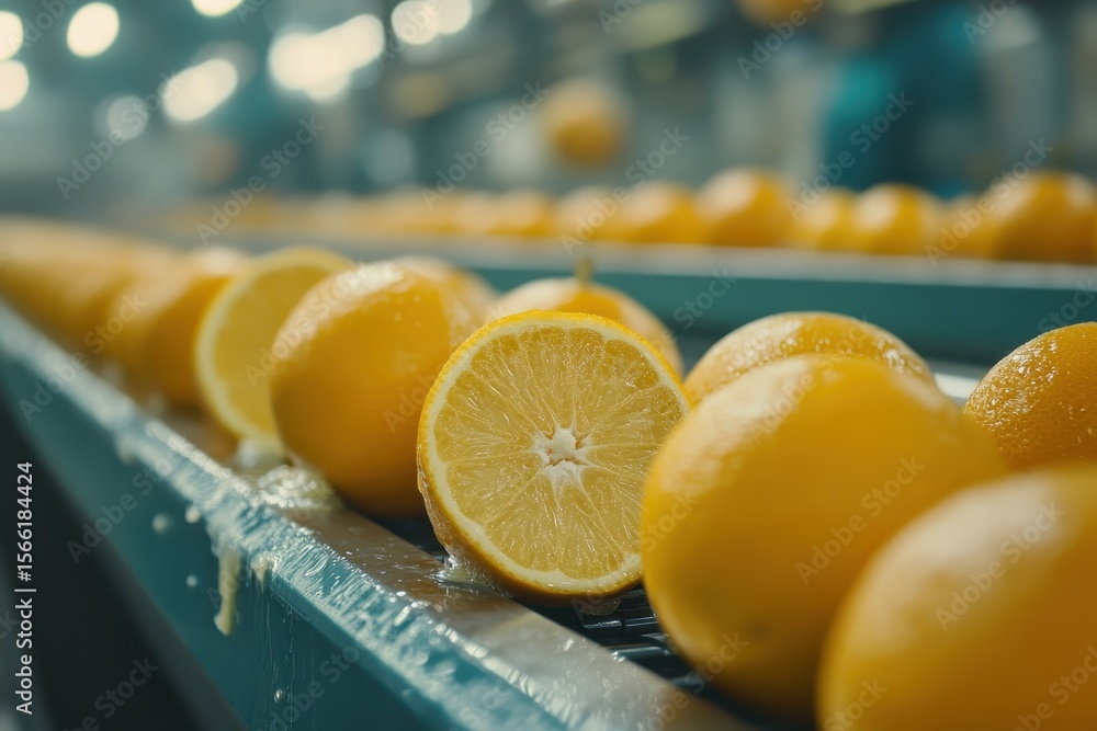 Poster oranges being processed on a conveyor belt in a factory setting, oranges on a conveyor belt in a fac