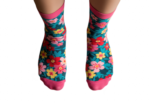 A pair of teal socks with a vibrant floral pattern and pink cuffs are isolated on transparent background