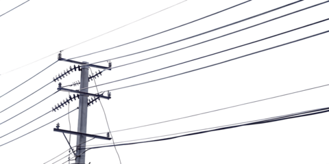 Power pole with overhead wires isolated on a transparent background