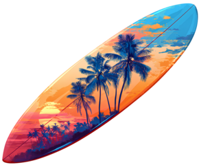 A colorful surfboard with palm trees and a sunset, transparent background
