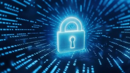 Glowing padlock and binary code symbolize digital security, data protection, cybersecurity technology in futuristic blue light environment ensuring network safety and encryption firewall - Powered by Adobe