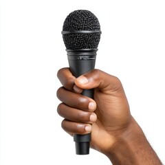 Close up of a hand holding a black microphone isolated on white background