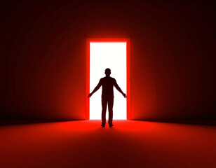 Obraz premium Silhouette standing in front of red light door open