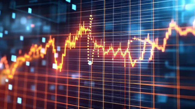 Abstract Digital Financial Data Visualization Showing Dynamic Orange And White Trend Lines Overlayed On A Blue Grid Background