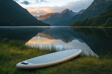 Cinematic outdoor shot of a single paddleboard lying on lush grass, mountain lake behind with mirror-like reflection of the surrounding ridges and sky