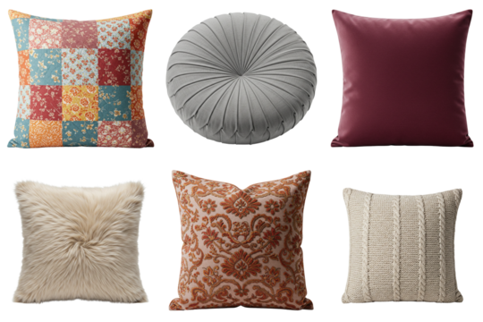 Set of patchwork quilt pillow, round pleated cushion, velvet square pillow, faux fur pillow, embroidered pillow, and knitted pillow in professional product photography on transparent background