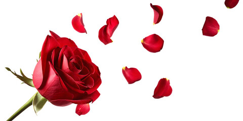 Red rose petals falling isolated on a transparent background