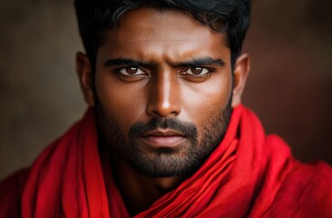 Close portrait of Indian man in red clothing, facing forward with serious expression