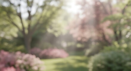Fully Blurred Dreamy Garden A Blurred Landscape of Spring Blossoms and Sunlit Greenery