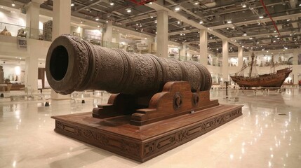 Large Ancient Cannon on Wooden Display in Museum