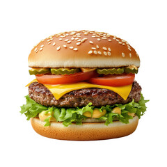 A juicy cheeseburger with a sesame seed bun, lettuce, tomato slices, pickles, cheddar cheese, and a beef patty.