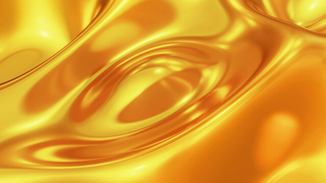 Liquid gold chrome waves background, shiny and lustrous golden metal pattern texture, silky 3D illustration.
