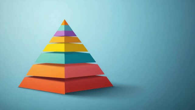 Colorful layered paper pyramid stack with geometric shape and gradient shades symbolizing hierarchy growth and structured levels in vibrant balanced composition on blue background