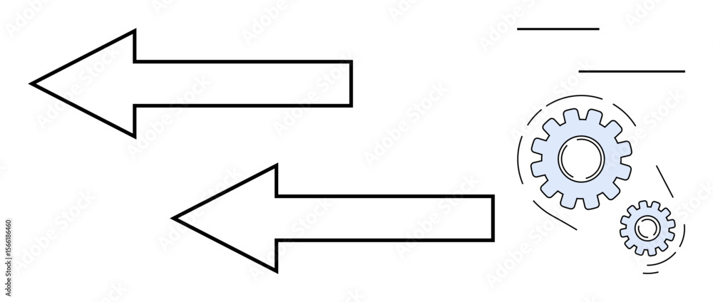 Poster two bold arrows pointing left alongside interlocking gears represent movement, workflow, teamwork, a