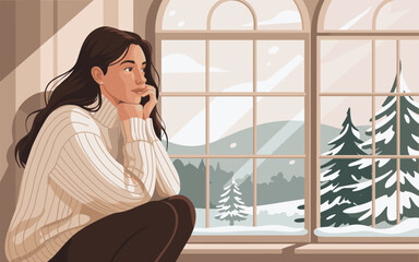 Woman Gazing Out Snowy Window Winter Day Cozy Illustration