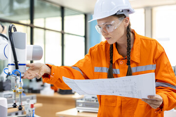 Male and femal engineers checking or maintenance electronic in AI or artificial intelligence Robot,...