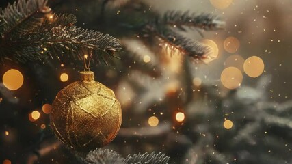 A single gold Christmas ornament hangs from a decorated tree, perfect for holiday displays or advertising festive atmosphere - Powered by Adobe