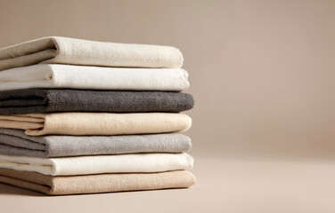 Stack of folded neutral colored linen napkins or towels