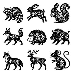 Abstract rustic folk shapes with animals. Ethnic folk stickers in scandinavian. Boho animals silhouettes and floral patterns, doodle Scandinavian folk textile.