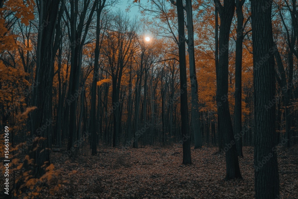 Poster forest trees illuminated by a bright moon under a twilight sky with autumn foliage, forest trees wit