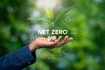 Net zero carbon concept with sustainable energy, environmental responsibility, and green technology...