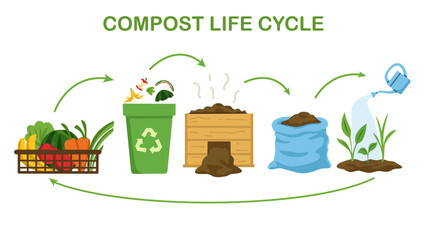 Educational compost life cycle illustration showing food scraps turning into compost, fertilizer, and growing new plants. Ideal for eco-learning, farming, and sustainability topics.