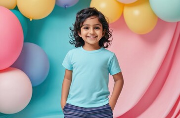 Happy Indian child posing cheerfully, light blue shirt and navy striped shorts, standing confidently on a vibrant set with pastel balloons and abstract background shapes