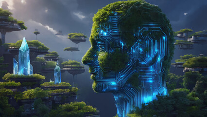 Artificial Intelligence and the Environment: A visionary artwork merging human intelligence with environmental harmony, portraying a technological face and natural elements in an ethereal landscape. 