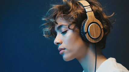 Serene Soundscape: A person absorbed in the world of music, donning large headphones, drifts away in a moment of deep tranquility and reflection.