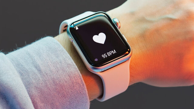 Heart Rate Monitoring: A close-up shot of a wrist, showcasing a smartwatch displaying a beating heart icon, symbolizing health, wellness, and modern healthcare technology.