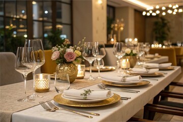 a luxury, elegant table setting prepared for dinner in a fine-dining restaurant.