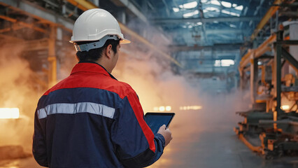 Overseeing Precision: A skilled engineer meticulously monitors operations within a bustling industrial facility, employing technological tools to enhance efficiency and productivity.