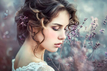 Jeune femme aux cheveux bouclés regardant vers le bas, entourée de fleurs violettes, en robe blanche en dentelle