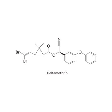 Deltamethrin skeletal structure. Insecticide compound schematic illustration. Simple diagram, chemical formula.