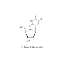 2’-Deoxy-5-fluorouridine skeletal structure. Antimetabolite compound schematic illustration. Simple diagram, chemical formula.