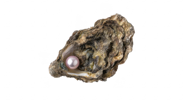Open oyster shell, holding a pink pearl