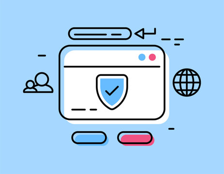 a website security concept. a system of protection and safety of visitor data when accessing a website. illustration of a browser window with a shield symbol. red blue white colors. flat outline style