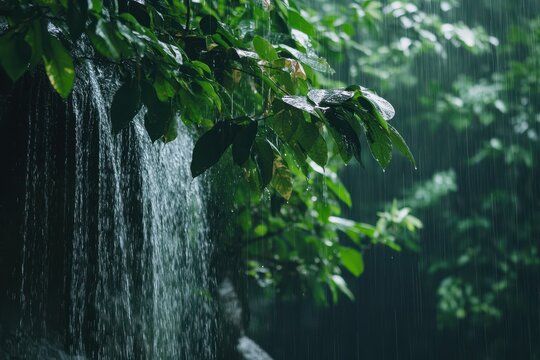 Experience the soothing sound of rain in a vibrant rainforest timelapse background, Rainforest raining  background