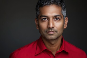 Photorealistic image of an Indian man with short hair in a red shirt, standing still and making direct eye contact with the camera