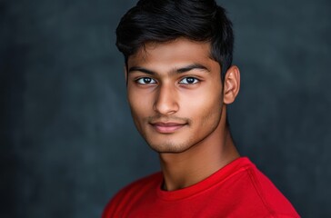 Fototapeta premium Professional headshot of a confident young Indian man in a red t-shirt, sharp focus on eyes