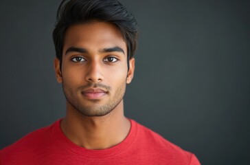 Obraz premium Professional headshot of a confident young Indian man in a red t-shirt, sharp focus on eyes